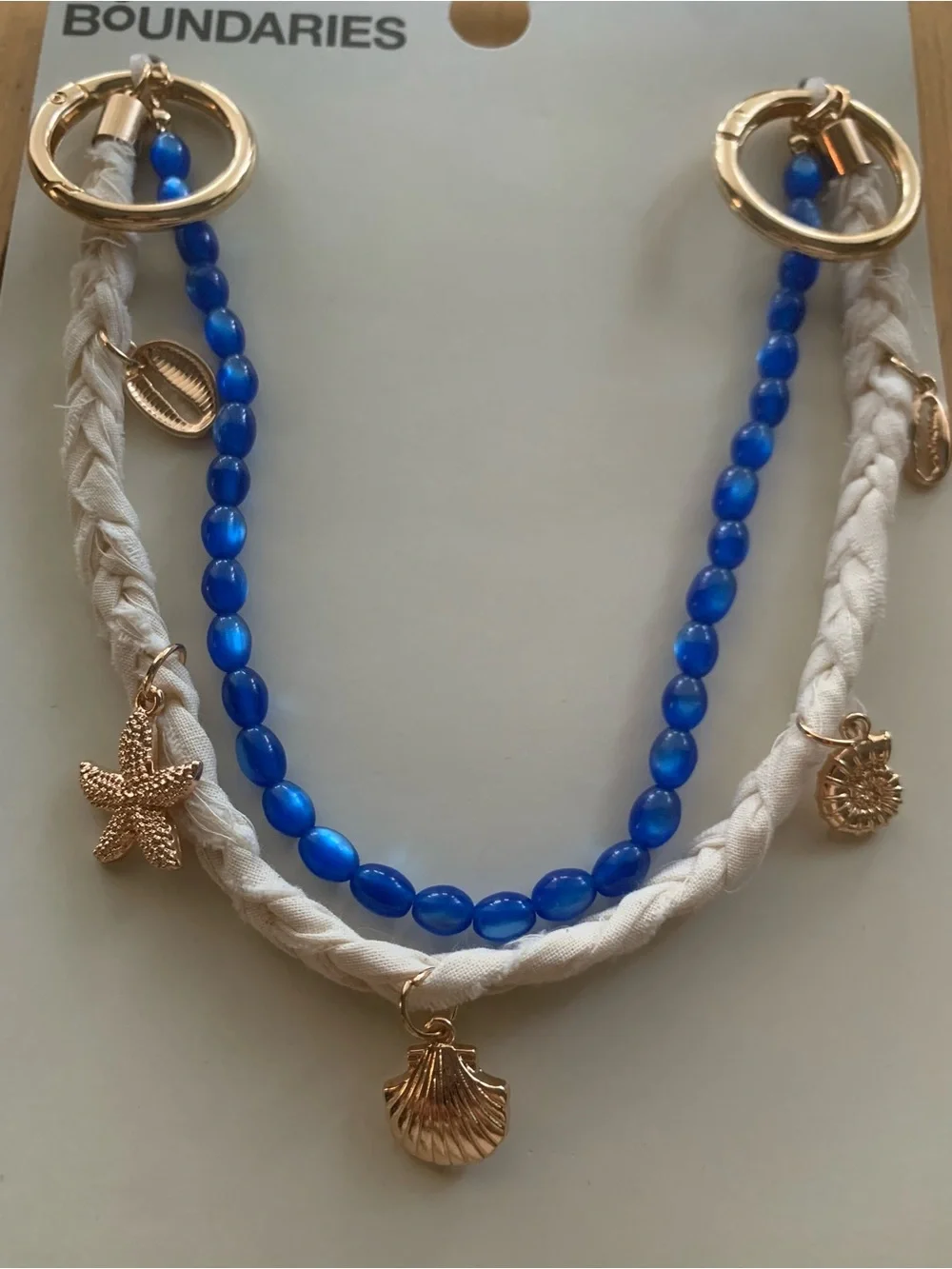 NWT Gold Bag Charm Necklace with Blue Beads and White Braid